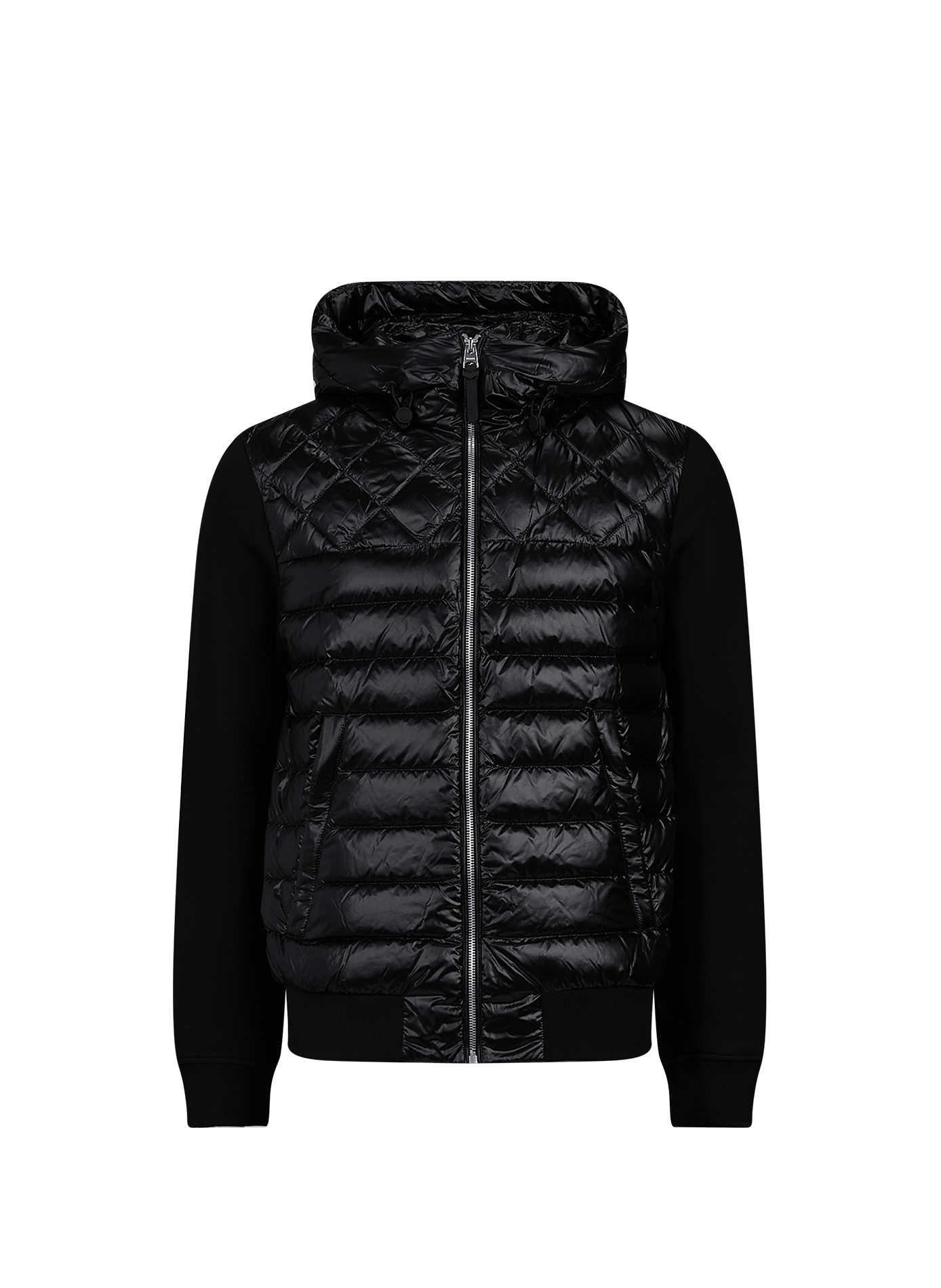 Light quilted straight hooded jacket.  Black
